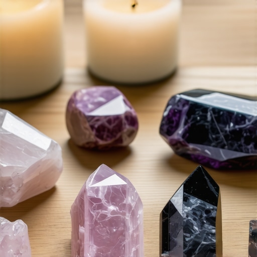 Cristales de ojo de tigre y obsidiana en un altar de rituales culturales