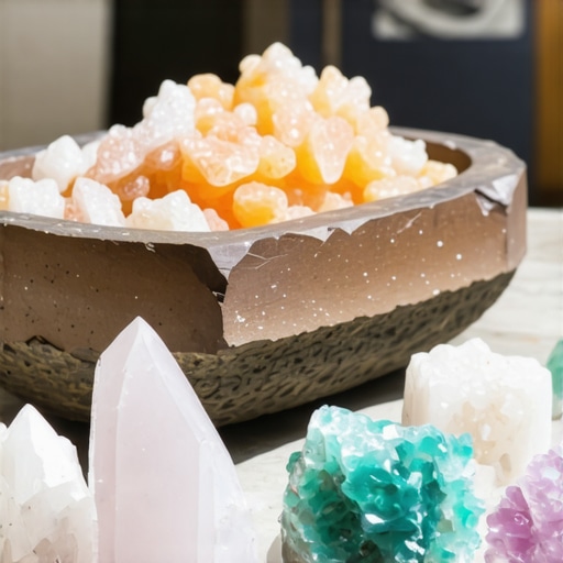 Cristales y objetos rituales en un altar casero Cristales de citrino, amatista y ojo de tigre colocados en un altar con velas y incienso para protección y prosperidad.