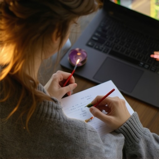 Persona escribiendo en un diario con cristales y incienso en un entorno espiritual y moderno