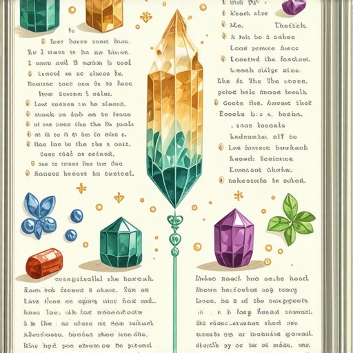 Diario de señales y cristales para atraer prosperidad Un cuaderno abierto lleno de símbolos, cristales y notas para mantener vivas las señales y rituales