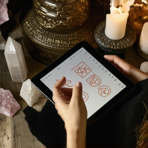 Persona integrando tecnología moderna en sus rituales culturales en un altar con cristales y símbolos tradicionales.