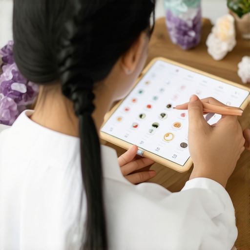 Herramientas modernas para rituales antiguos Persona organizando rituales con una aplicación digital y accesorios como cristales y símbolos