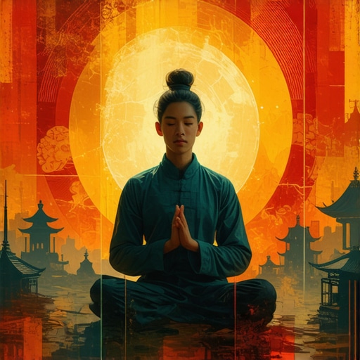 Persona meditando rodeada de símbolos de prosperidad y motivos culturales variados en un ambiente espiritual