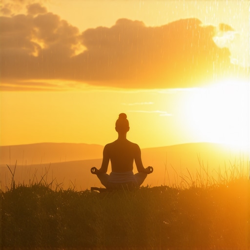 Person meditating outdoors with weather symbols around