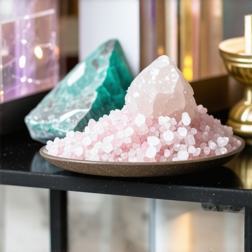 Desk decorated with crystals and salt to attract positive energies