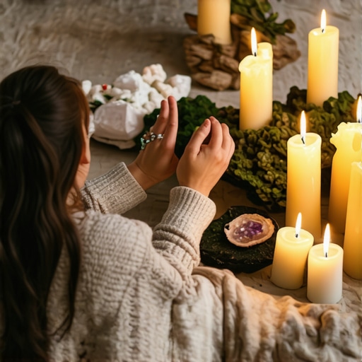 Person arranging crystals and lighting candles for prosperity ritual