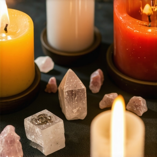 Decorative scene of spiritual ritual with candles and crystals.