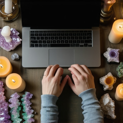 Persona registrando sus rituales y objetos mágicos en una mesa con cristales y velas