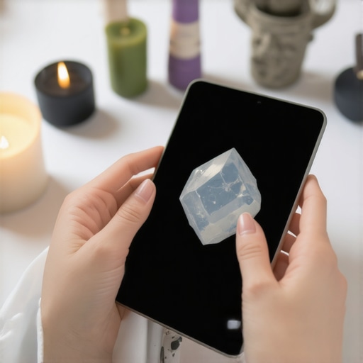 Persona usando un cristal y una tablet en un espacio de rituales