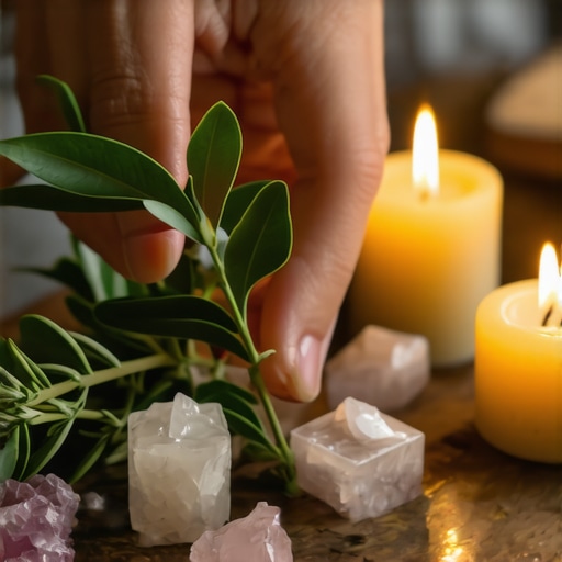 Persona realizando un ritual con laurel en un espacio sagrado, rodeada de velas y cristales