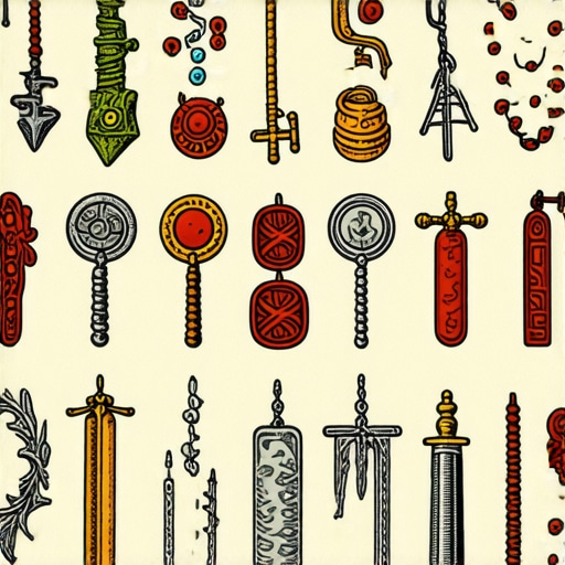 An artistic representation of various superstitions worldwide, including amulets, ritual objects, and symbolic gestures.