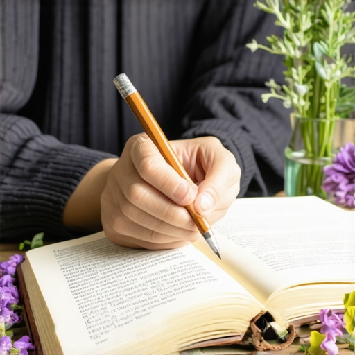 Persona escribiendo en un cuaderno con símbolos espirituales y hierbas tradicionales