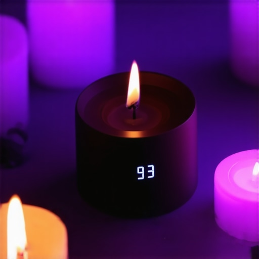 Persona utilizando un cronómetro digital de velas en un espacio con símbolos espirituales