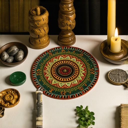 Tools for Ritual Maintenance An organized spiritual altar with symbols and mandalas to activate protective energies