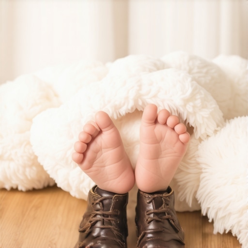 Pies descalzos de bebé para protección energética Pies de bebé descalzos descansando sobre una manta blanca con zapatos en el suelo